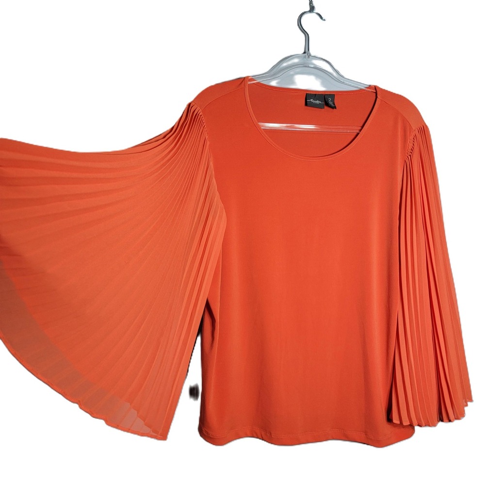Travelers by Chico's Orange‎ Huge Pleated Sleeve Scoop Neck Top Size 2 Large